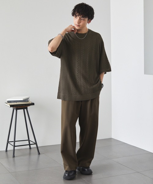 2点セット】リネンタッチ透かし編みニットプルオーバー×ルーズ