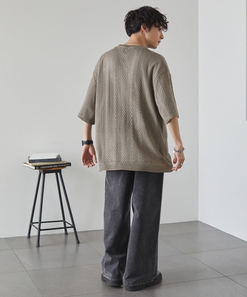 2点セット】リネンタッチ透かし編みニットプルオーバー×ルーズ