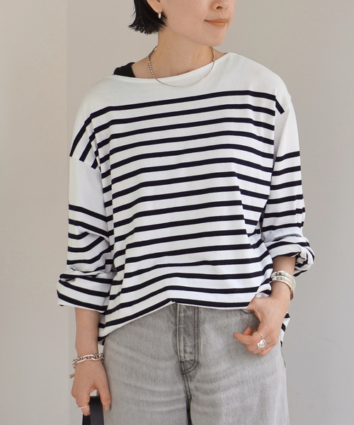 Johnbull（ジョンブル）の「【JOHNBULL/ジョンブル】別注バスクTシャツ（Tシャツ/カットソー・レディース・ブルー/ネイビー/ホワイト・FREE）」の2枚目の写真