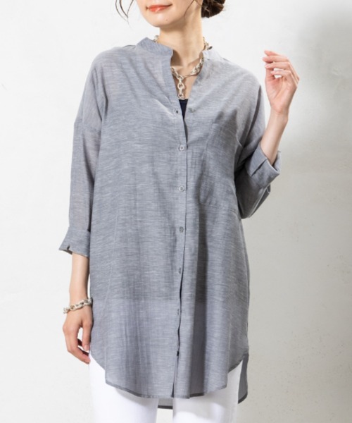 aunt lily(アントリリー)の「リネン混ドライタンガリー ロングシャツ|日本製素材 羽織り 麻 接触冷感 シワになりにくい 綿 麻 コットン リネン(シャツ/ブラウス・レディース・グレー/ピンク/キナリ・M/L/S/LL)」の1枚目の写真