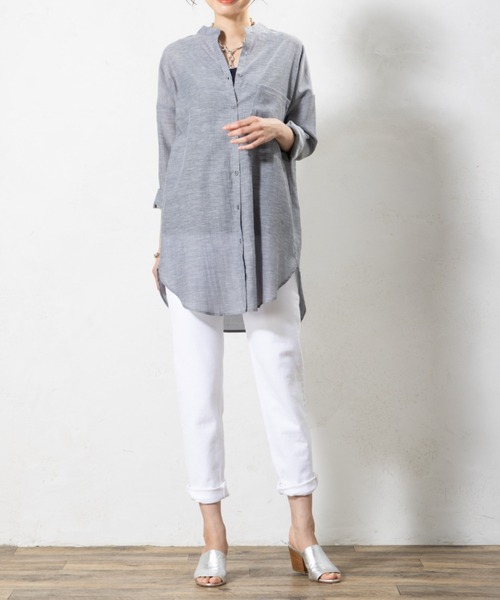 aunt lily(アントリリー)の「リネン混ドライタンガリー ロングシャツ|日本製素材 羽織り 麻 接触冷感 シワになりにくい 綿 麻 コットン リネン(シャツ/ブラウス・レディース・グレー/ピンク/キナリ・M/L/S/LL)」の5枚目の写真