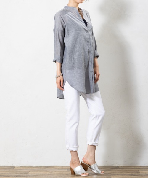aunt lily(アントリリー)の「リネン混ドライタンガリー ロングシャツ|日本製素材 羽織り 麻 接触冷感 シワになりにくい 綿 麻 コットン リネン(シャツ/ブラウス・レディース・グレー/ピンク/キナリ・M/L/S/LL)」の7枚目の写真
