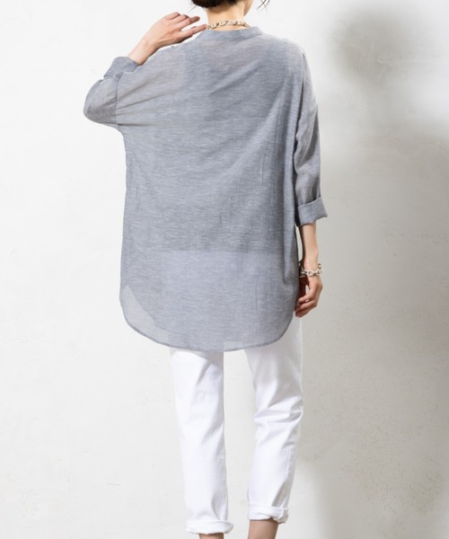 aunt lily(アントリリー)の「リネン混ドライタンガリー ロングシャツ|日本製素材 羽織り 麻 接触冷感 シワになりにくい 綿 麻 コットン リネン(シャツ/ブラウス・レディース・グレー/ピンク/キナリ・M/L/S/LL)」の9枚目の写真