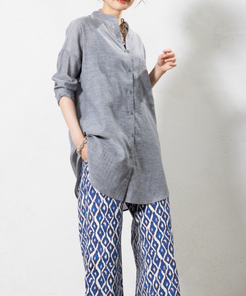 aunt lily(アントリリー)の「リネン混ドライタンガリー ロングシャツ|日本製素材 羽織り 麻 接触冷感 シワになりにくい 綿 麻 コットン リネン(シャツ/ブラウス・レディース・グレー/ピンク/キナリ・M/L/S/LL)」の11枚目の写真