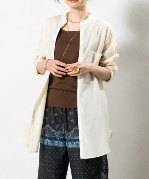 aunt lily(アントリリー)の「リネン混ドライタンガリー ロングシャツ|日本製素材 羽織り 麻 接触冷感 シワになりにくい 綿 麻 コットン リネン(シャツ/ブラウス・レディース・グレー/ピンク/キナリ・M/L/S/LL)」の18枚目の写真