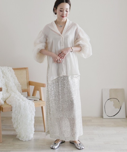 ECRIRE（エクリール）の「【ECRIRE by 陽】チュールレイヤードスリーブブラウス（シャツ/ブラウス・レディース・ベージュ/オフホワイト/ピンク・M）」の5枚目の写真