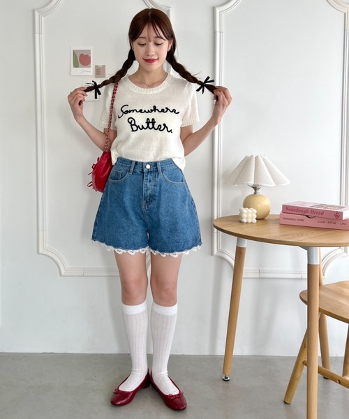 Loueme(ルエム)の「レーストリムデニムショートパンツ(デニムパンツ・レディース・ブルー/ブラック・M)」の10枚目の写真