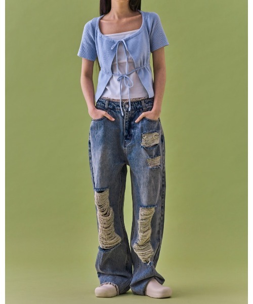 FANCY CLUB（ファンシークラブ）の「NASTY FANCY CLUB／２ボタンクロップカーディガン  2123892（カーディガン/ボレロ・レディース・ブラック/ライトブルー・FREE）」の7枚目の写真