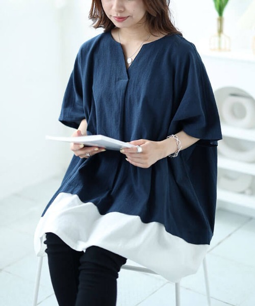 GOLDJAPAN(ゴールドジャパン)の「フェイクレイヤードキーネックドルマンチュニック【大きいサイズ対応】(チュニック・レディース・ダークグリーン/ブラック/ネイビー・LL~3L/4L~5L)」の1枚目の写真