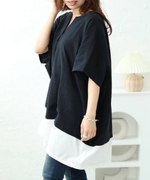 フェイクレイヤードキーネックドルマンチュニック【大きいサイズ対応】