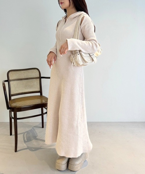 セール】肌見せ/フード付きロングニットワンピース（ワンピース）｜one