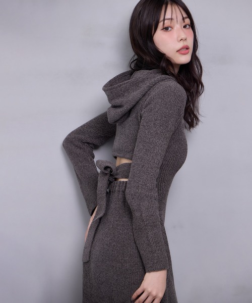 セール】肌見せ/フード付きロングニットワンピース（ワンピース）｜one