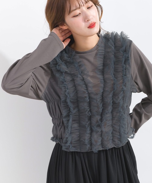 PICCIN(ピッチン)の「【WEB限定】チュールギャザーカットソー(Tシャツ/カットソー・レディース・ブラック/チャコールグレー・M)」の2枚目の写真