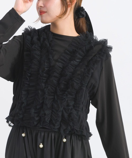 PICCIN(ピッチン)の「【WEB限定】チュールギャザーカットソー(Tシャツ/カットソー・レディース・ブラック/チャコールグレー・M)」の1枚目の写真
