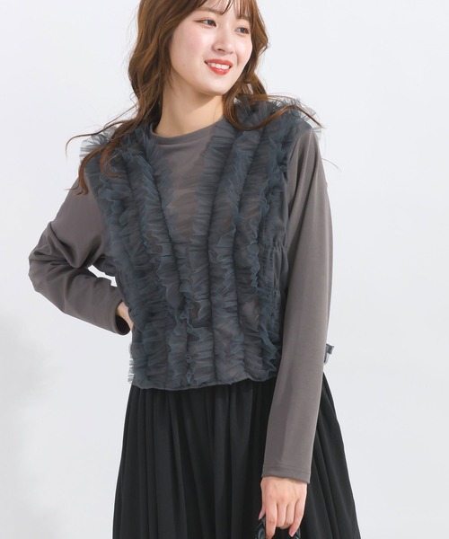 PICCIN(ピッチン)の「【WEB限定】チュールギャザーカットソー(Tシャツ/カットソー・レディース・ブラック/チャコールグレー・M)」の9枚目の写真
