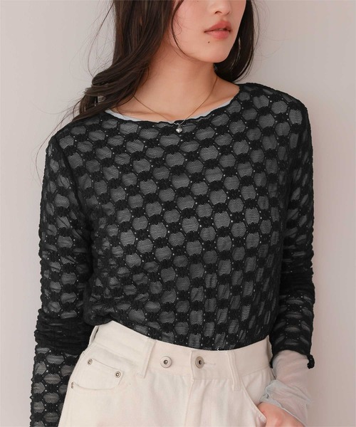 titivate（ティティベイト）の「シアーレーストップス（Tシャツ/カットソー・レディース・ブラック/アイボリー/オフホワイト/ホワイト系その他/クリーム/ブラック系その他・S/M/L）」の5枚目の写真