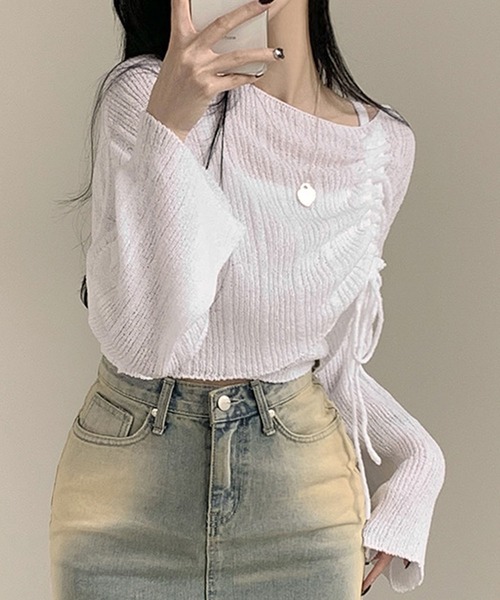GLAMOROUS JANE(グラマラスジェーン)の「シャーリングリボンショート丈ニット×キャミ2点セット(ニット/セーター・レディース・ブラック/ベージュ/ホワイト・FREE)」の6枚目の写真