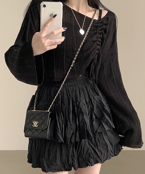 GLAMOROUS JANE(グラマラスジェーン)の「シャーリングリボンショート丈ニット×キャミ2点セット(ニット/セーター・レディース・ブラック/ベージュ/ホワイト・FREE)」の8枚目の写真