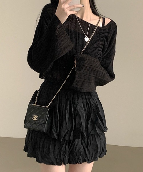 GLAMOROUS JANE(グラマラスジェーン)の「シャーリングリボンショート丈ニット×キャミ2点セット(ニット/セーター・レディース・ブラック/ベージュ/ホワイト・FREE)」の9枚目の写真
