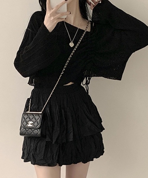 GLAMOROUS JANE(グラマラスジェーン)の「シャーリングリボンショート丈ニット×キャミ2点セット(ニット/セーター・レディース・ブラック/ベージュ/ホワイト・FREE)」の10枚目の写真