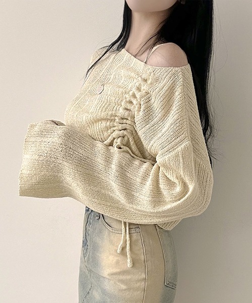 GLAMOROUS JANE(グラマラスジェーン)の「シャーリングリボンショート丈ニット×キャミ2点セット(ニット/セーター・レディース・ブラック/ベージュ/ホワイト・FREE)」の17枚目の写真