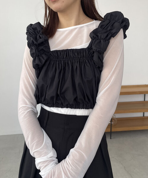 CAPRICIEUX LE'MAGE(カプリシューレマージュ)の「ギャザーパフビスチェ(シャツ/ブラウス・レディース・ブラック/オフホワイト・FREE)」の5枚目の写真