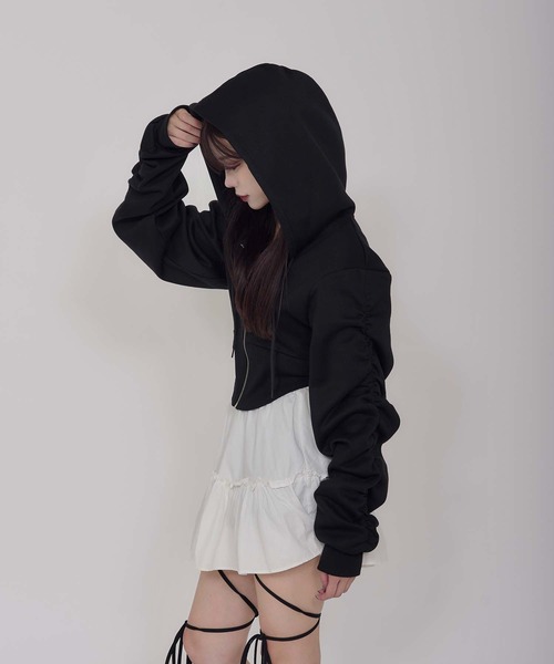 Calon mie(カロンミー)の「SHORT CORSET HOODIE / ショートコルセットフーディー(パーカー・レディース・ブラック/オフホワイト・FREE)」の12枚目の写真