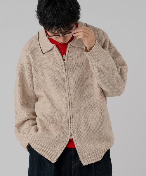 Adoon plain（アドーンプレーン）の「DOUBLE ZIP KNIT POLO SHIRT / ダブルジップニットポロシャツ（ポロシャツ・メンズ・アイボリー/ブラック/グリーン・MEDIUM/LARGE）」の2枚目の写真