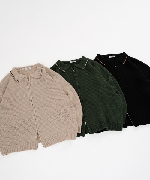 Adoon plain（アドーンプレーン）の「DOUBLE ZIP KNIT POLO SHIRT / ダブルジップニットポロシャツ（ポロシャツ・メンズ・アイボリー/ブラック/グリーン・MEDIUM/LARGE）」の8枚目の写真