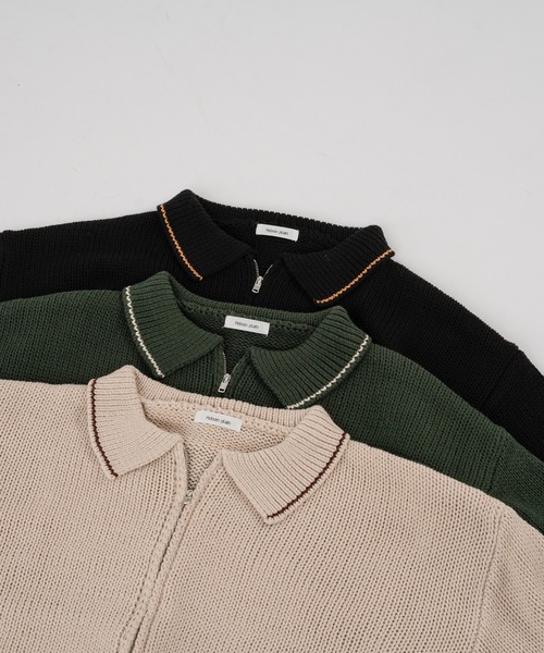 Adoon plain（アドーンプレーン）の「DOUBLE ZIP KNIT POLO SHIRT / ダブルジップニットポロシャツ（ポロシャツ・メンズ・アイボリー/ブラック/グリーン・MEDIUM/LARGE）」の9枚目の写真