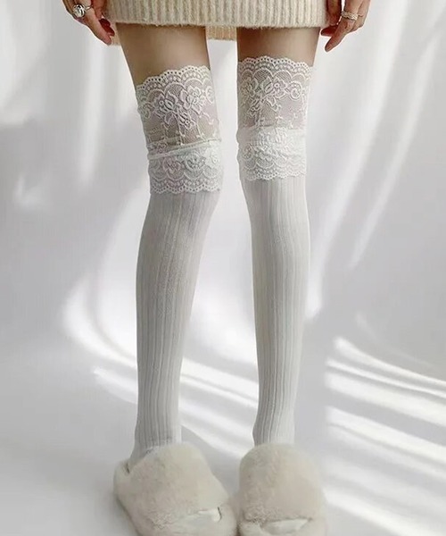 ammy.(エイミードット)の「【 ammy. / エイミードット 】 レース 切替 ニーハイ ソックス(ソックス/靴下・レディース・ブラック/ホワイト/グレー/ダークグレー/ブラウン・FREE)」の9枚目の写真