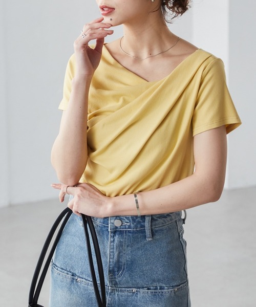 セール】【4万枚突破！】2WAYドレープオフショルリブTシャツ