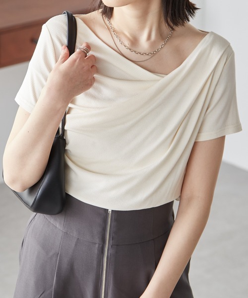 セール】【4万枚突破！】2WAYドレープオフショルリブTシャツ