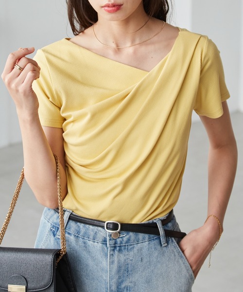 セール】【4万枚突破！】2WAYドレープオフショルリブTシャツ