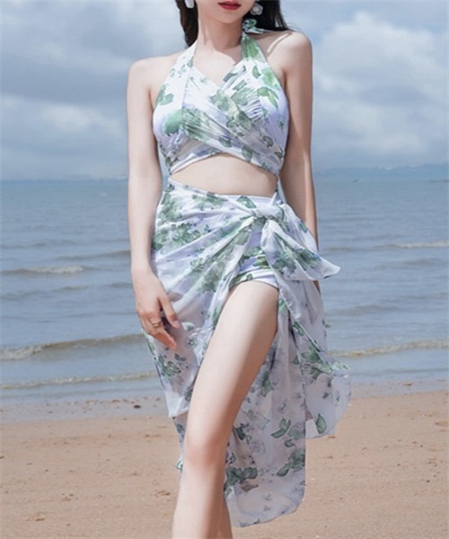 セール】レディース 花柄ツイストバックリボンビキニ+パレオ 3点