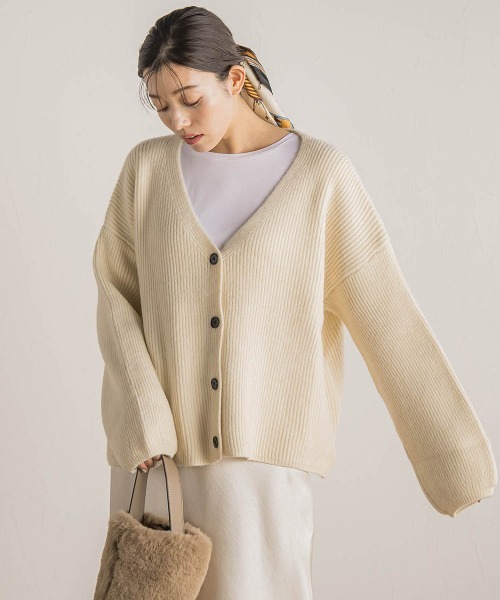 Droite lautreamont(ドロワットロートレアモン)の「【WEB限定】片畦Vネックカーデ≪手洗い可能≫(カーディガン/ボレロ・レディース・イエロー/チャコールグレー/オフホワイト・M)」の1枚目の写真