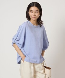 ＊タマキニイメ＊カットソー ゆったり ワイド 半袖 ストライプ柄 ブルー系 メンズスリットTシャツ | ネイビー | 愛知県産スラブニット