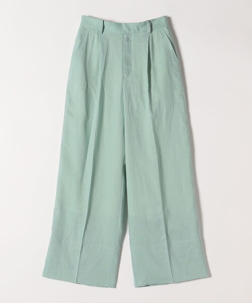 リネンパンツ アップルグリーン quaranciel:〈洗濯機可能〉リネン ミックス ワイド タック