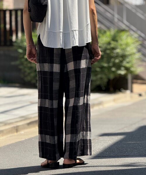 BEARDSLEY パンツ リネンチェックウエストリブパンツ レディース