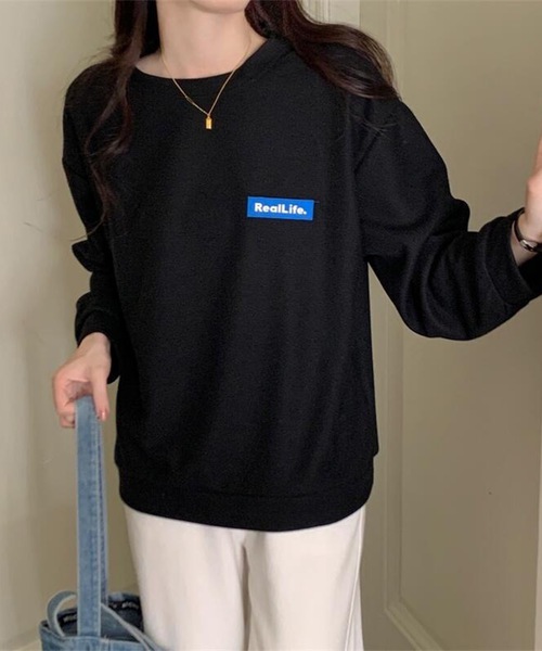 Lace Ladies(レースレディース)の「ワッフル素材 ワンポイント オーバーサイズ クルーネック プルオーバー(Tシャツ/カットソー・レディース・ブラック/グレー/ホワイト・M/XL)」の1枚目の写真