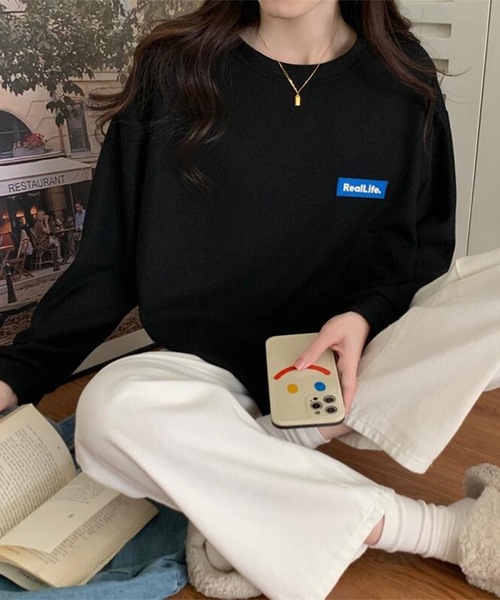 Lace Ladies(レースレディース)の「ワッフル素材 ワンポイント オーバーサイズ クルーネック プルオーバー(Tシャツ/カットソー・レディース・ブラック/グレー/ホワイト・M/XL)」の9枚目の写真
