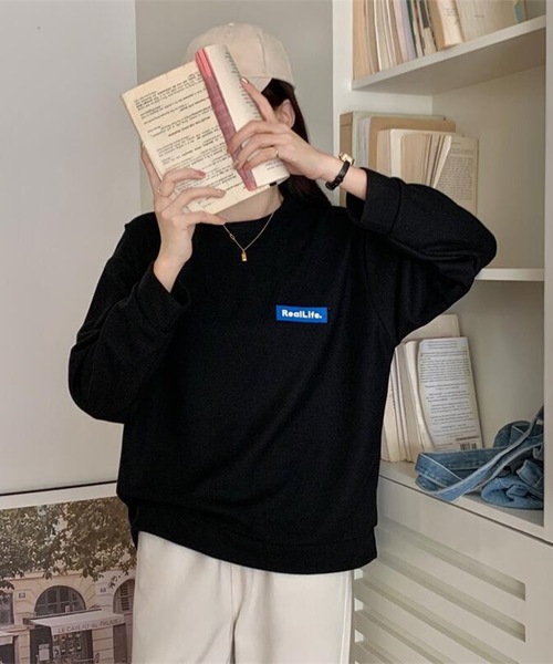 Lace Ladies(レースレディース)の「ワッフル素材 ワンポイント オーバーサイズ クルーネック プルオーバー(Tシャツ/カットソー・レディース・ブラック/グレー/ホワイト・M/XL)」の8枚目の写真