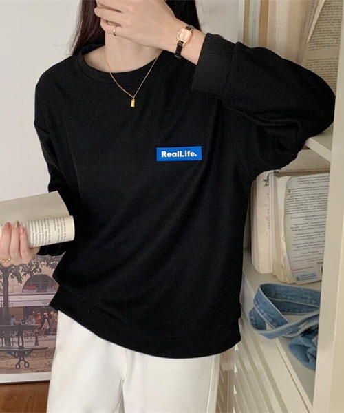 Lace Ladies(レースレディース)の「ワッフル素材 ワンポイント オーバーサイズ クルーネック プルオーバー(Tシャツ/カットソー・レディース・ブラック/グレー/ホワイト・M/XL)」の7枚目の写真