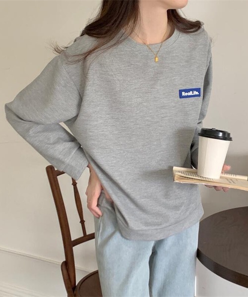 Lace Ladies(レースレディース)の「ワッフル素材 ワンポイント オーバーサイズ クルーネック プルオーバー(Tシャツ/カットソー・レディース・ブラック/グレー/ホワイト・M/XL)」の18枚目の写真