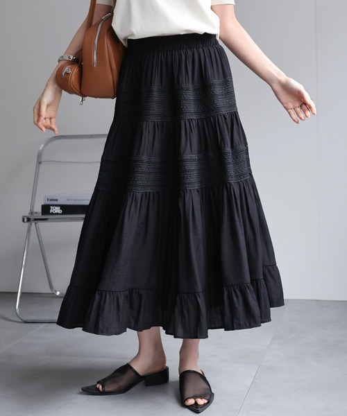 sakishimatokyo(サキシマトーキョー)の「ミモレ丈 レーステープ ティアードスカート(スカート・レディース・ホワイト/アイボリー/ブラック・FREE)」の6枚目の写真