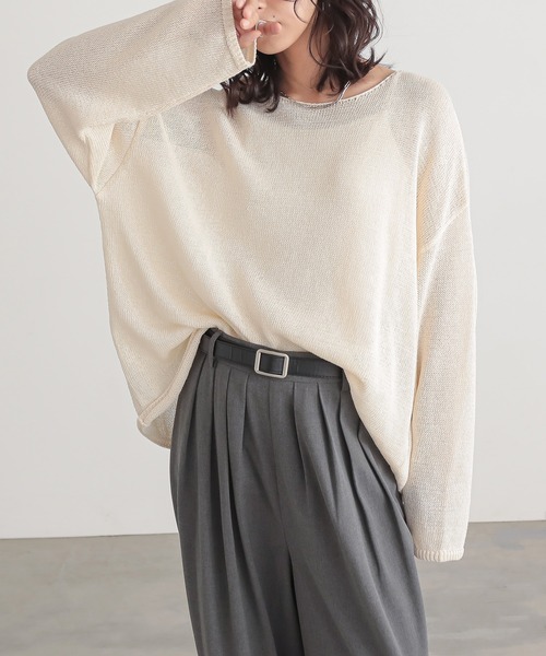 IENA ペーパーヤーン　ベージュ オーバーサイズ 五分袖ニット URBAN RESEARCH DOORS ニット セーター ペーパーヤーン