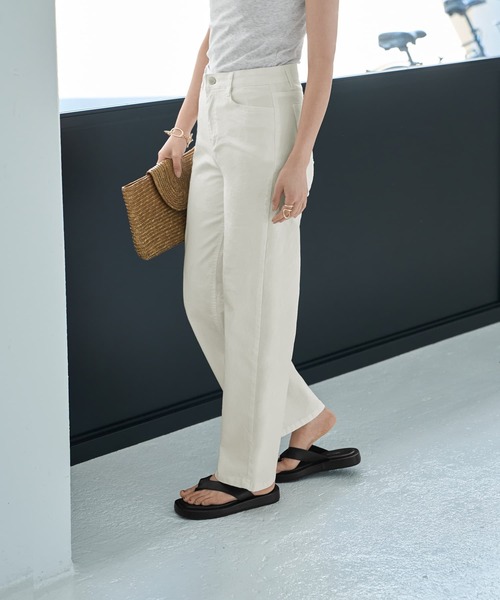 ウエストにゴム内蔵のストレッチコットンストレートパンツ