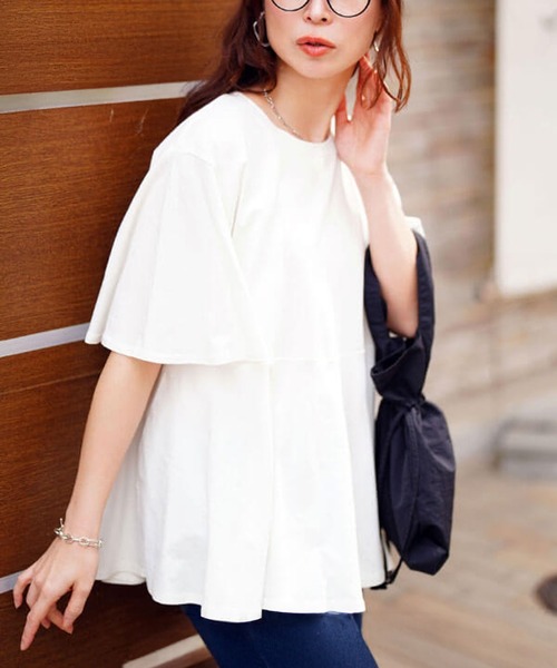GOLDJAPAN(ゴールドジャパン)の「フレアスリーブペプラムコットンカットソー【大きいサイズ対応】(Tシャツ/カットソー・レディース・ベージュ系/ミント/チャコールグレー/オフホワイト/ブラック・4L~5L/LL~3L)」の2枚目の写真