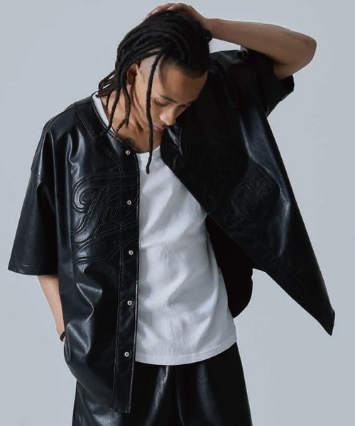 セール】【FUBU/フブ】FAUX LEATHER BASEBALL SHIRT/エコレザー