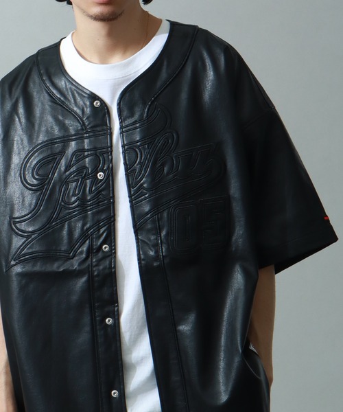 セール】【FUBU/フブ】FAUX LEATHER BASEBALL SHIRT/エコレザーベース